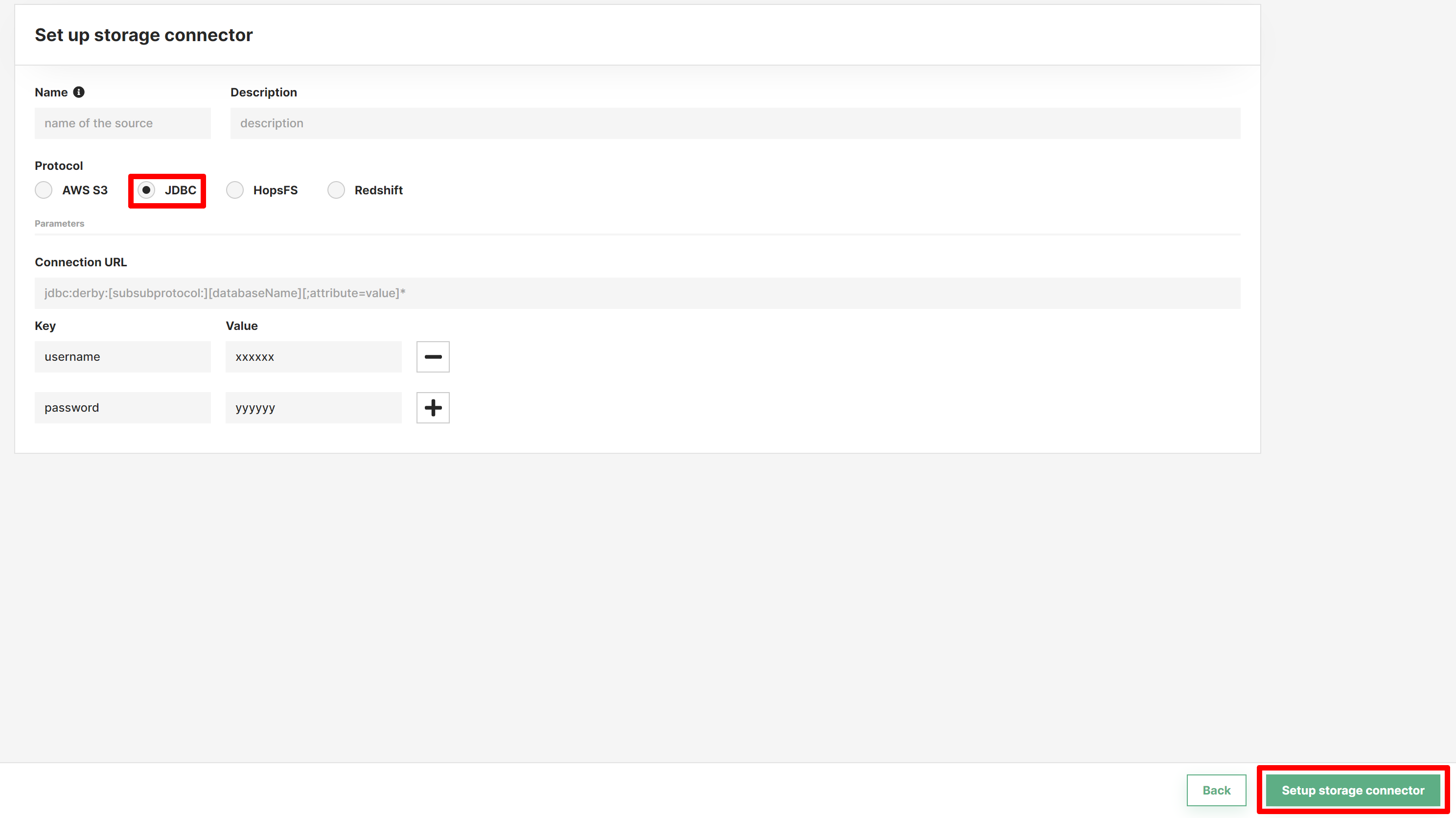 Define a JDBC storage connector using a JDBC connection string and parameters