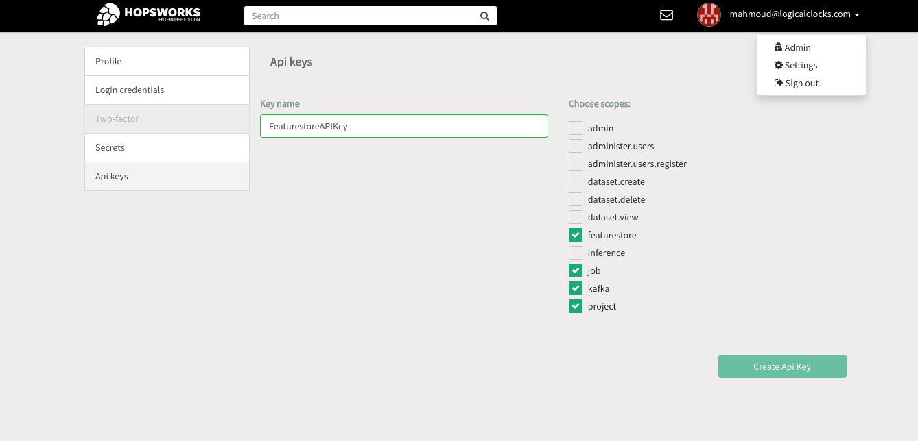 Generating an API Key on Hopsworks