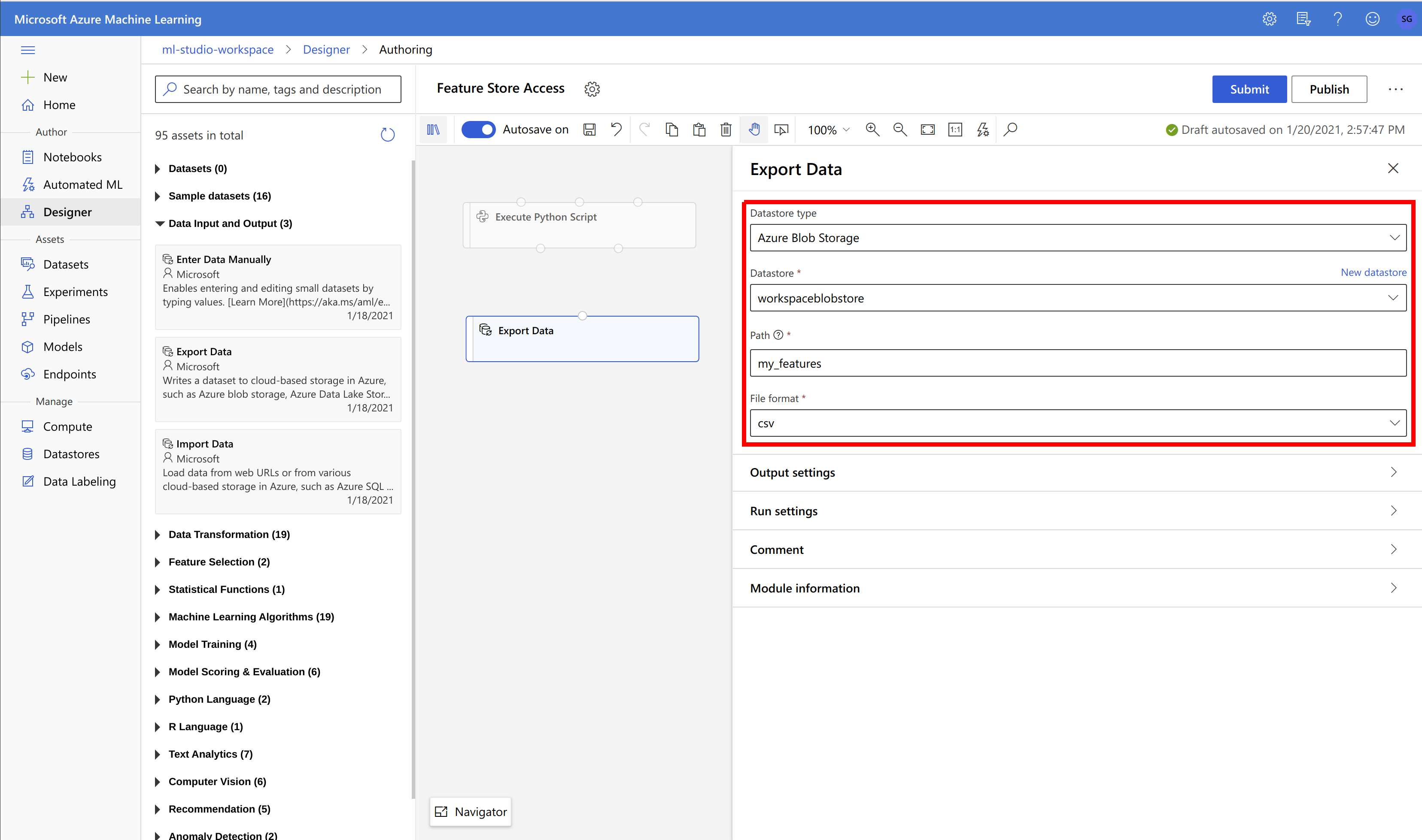 Configure the Export Data step