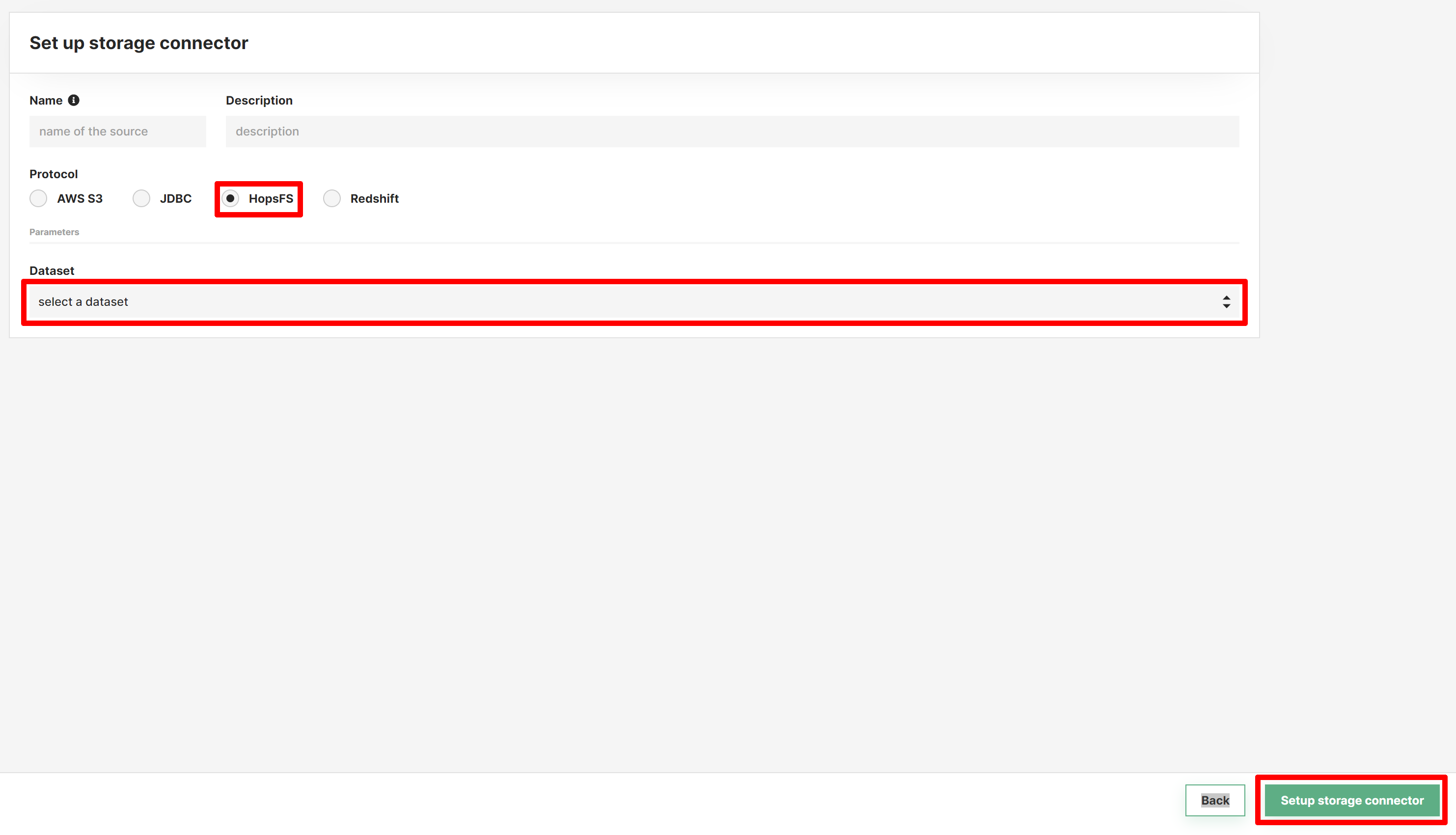 Define a HopsFS storage connector by selecting a directory in the current Project.