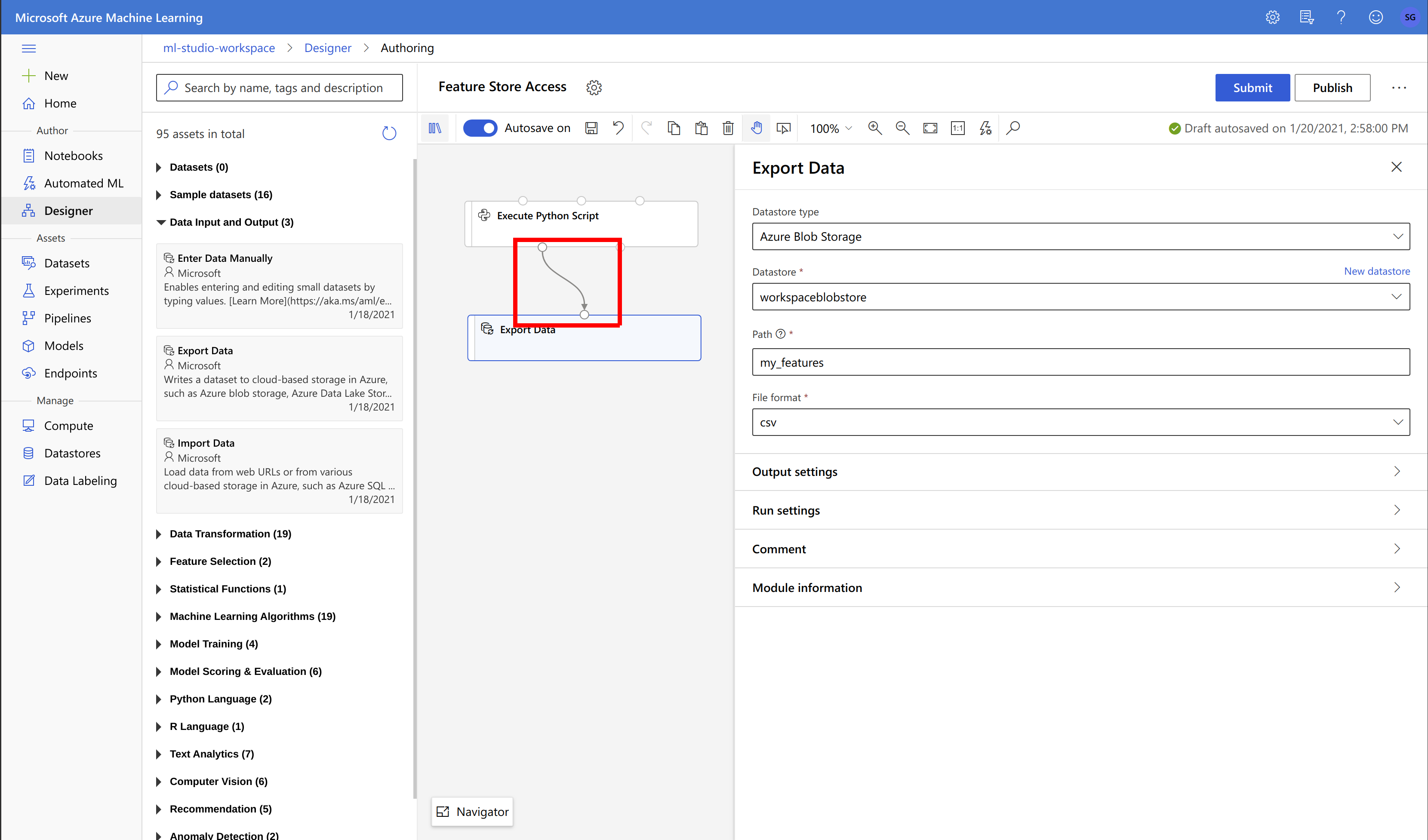 Azure orders ml studio export model