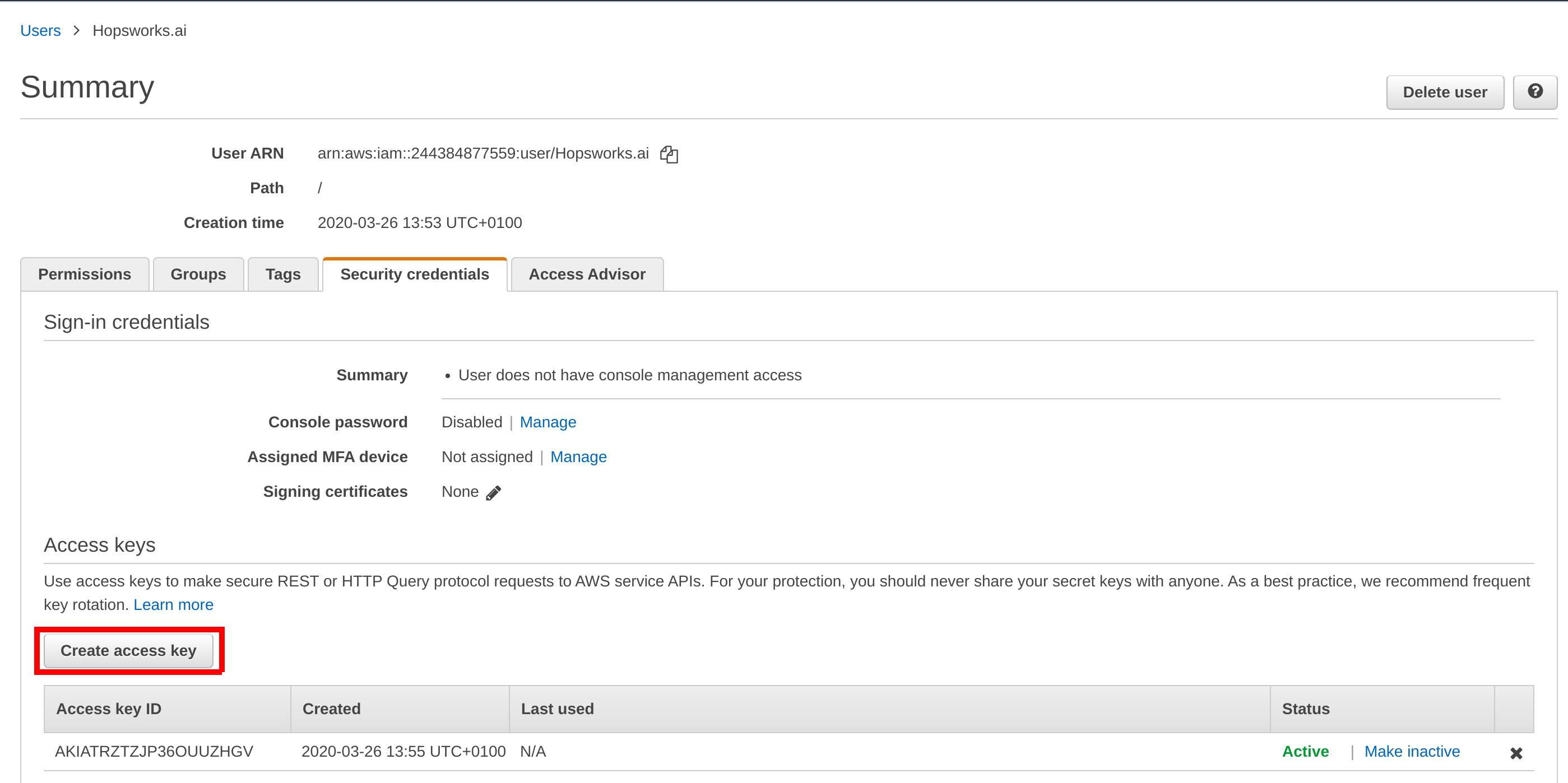 Configuring the access key on AWS step 2