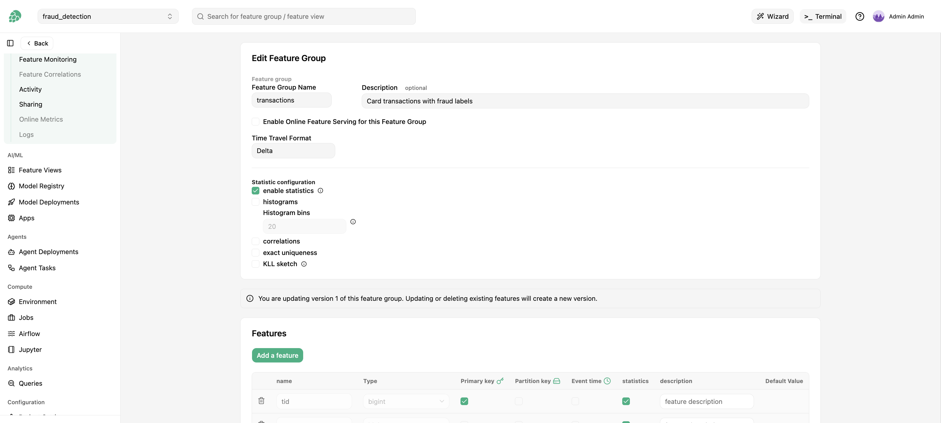 Edit Feature Group page with the statistics configuration checkboxes