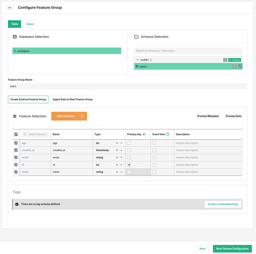 Select Table in Data Sources and specify features