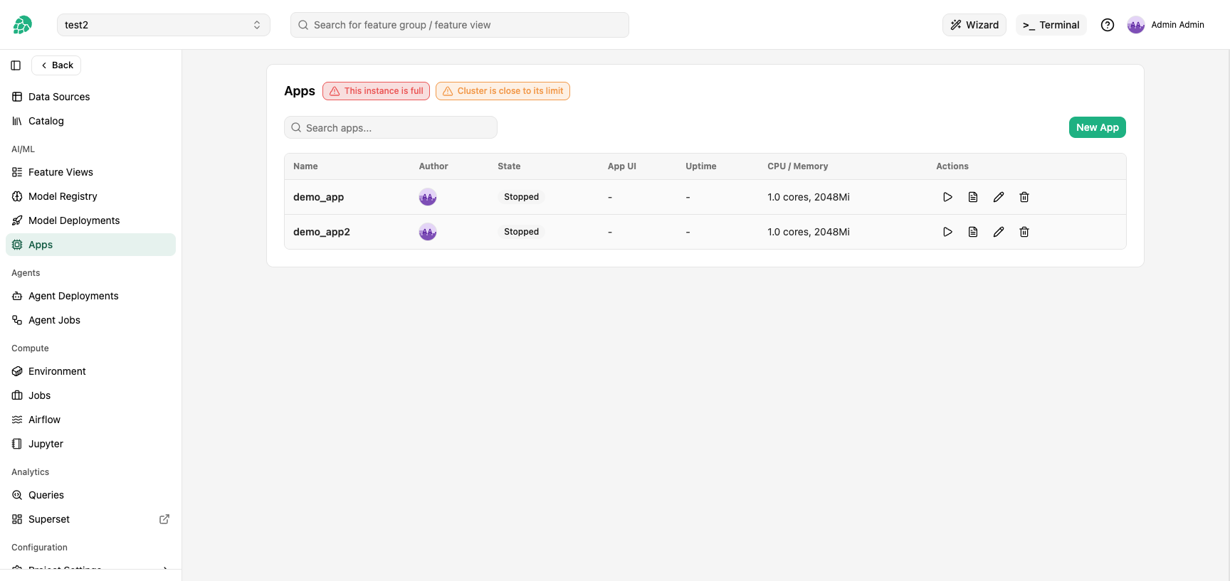 WebSocket warnings on the Apps page