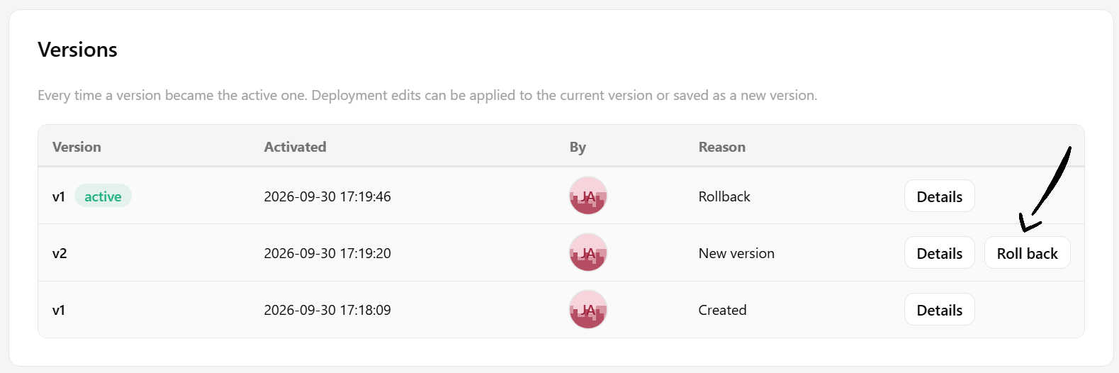 Roll back button in the Versions card