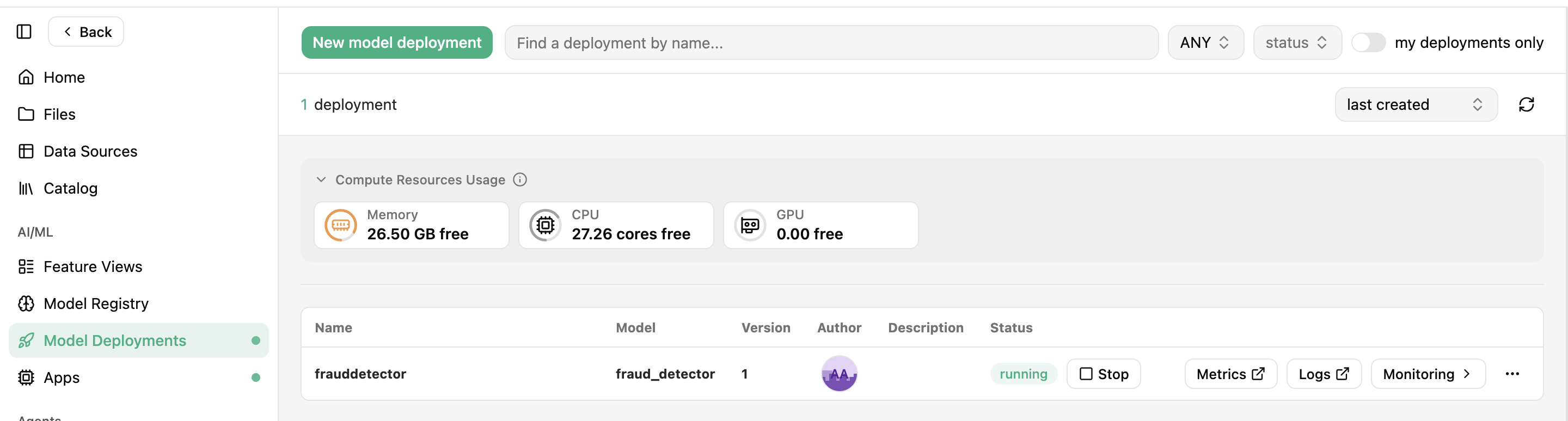 Deployments navigation tab