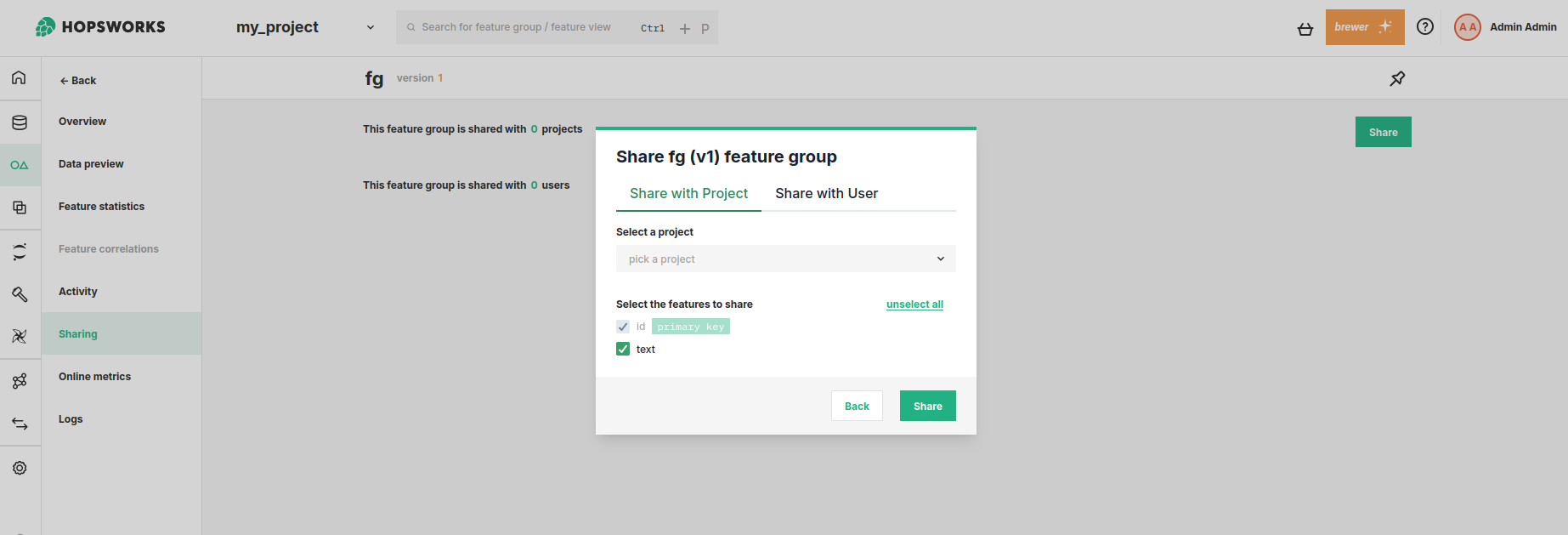 Share Feature Group with Project Dialog
