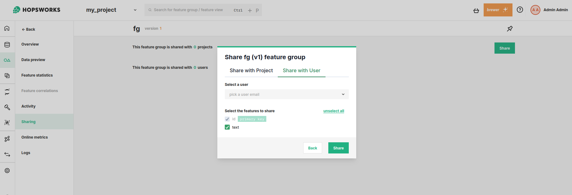 Share Feature Group with User Dialog