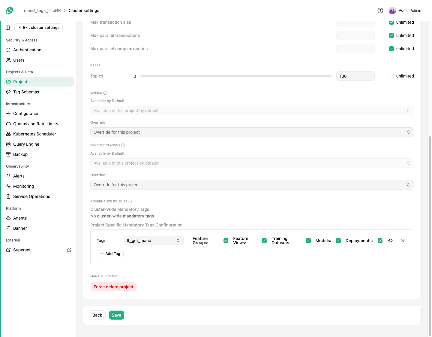 Configure project-specific mandatory tags under Cluster settings, Projects, by editing a project