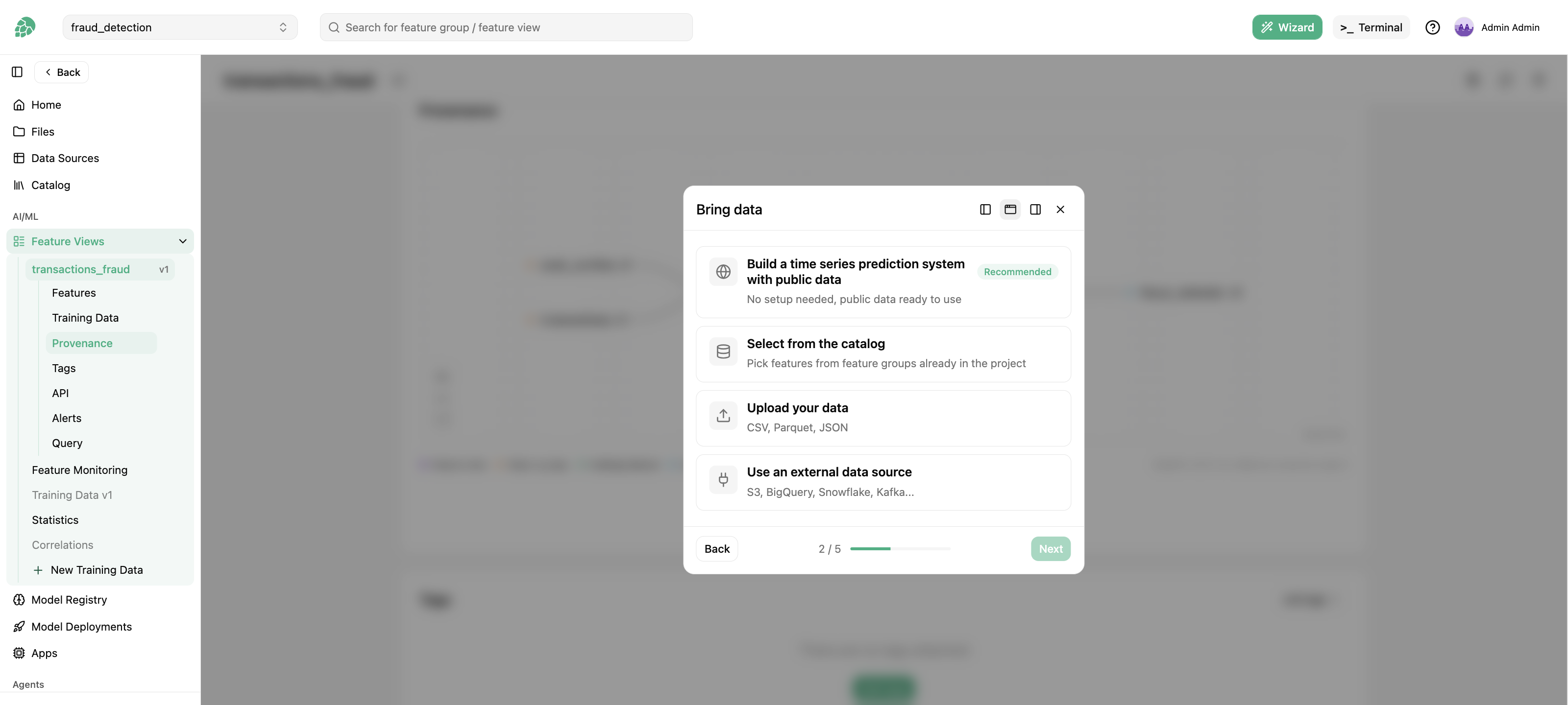 The Bring data step of the Wizard with four data source options
