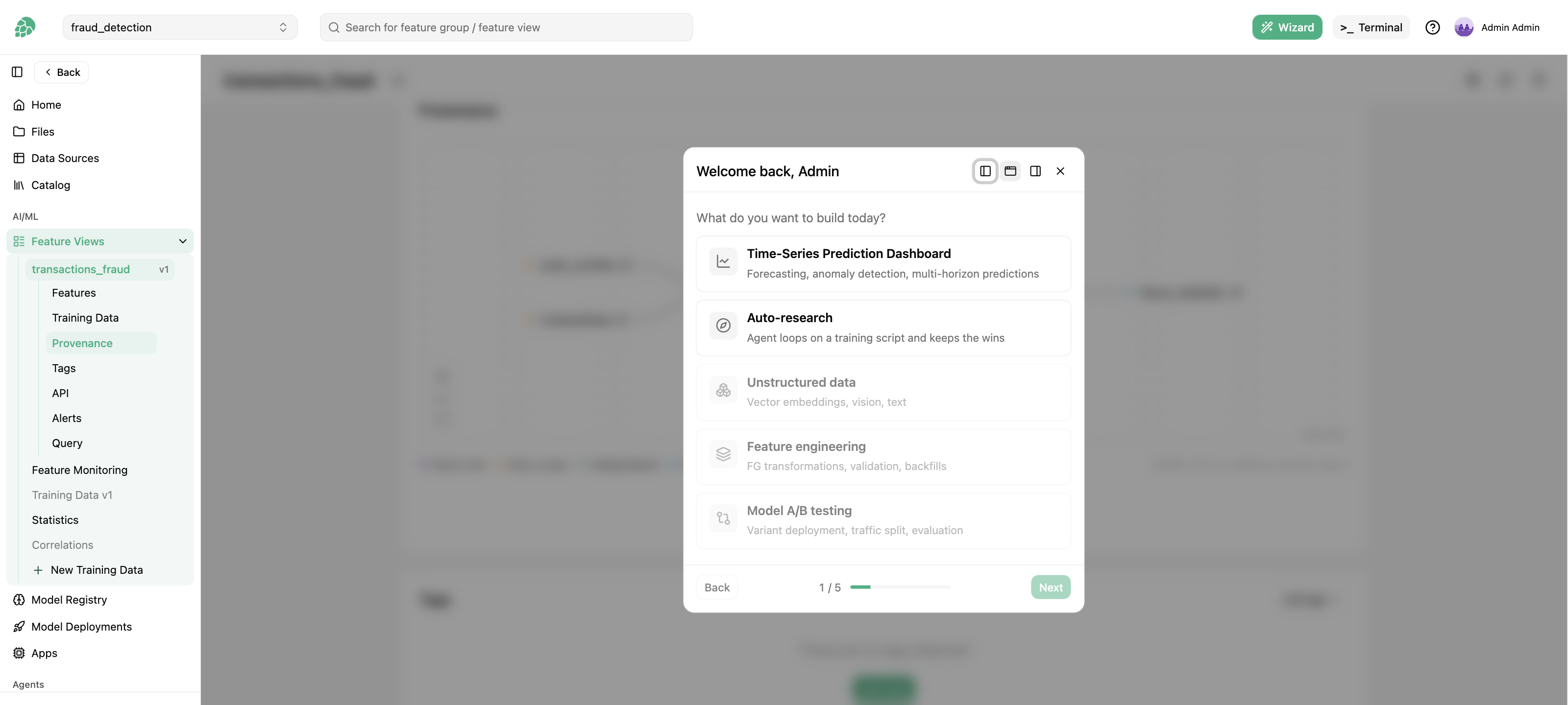 The Wizard dialog asking what you want to build today, with five build types